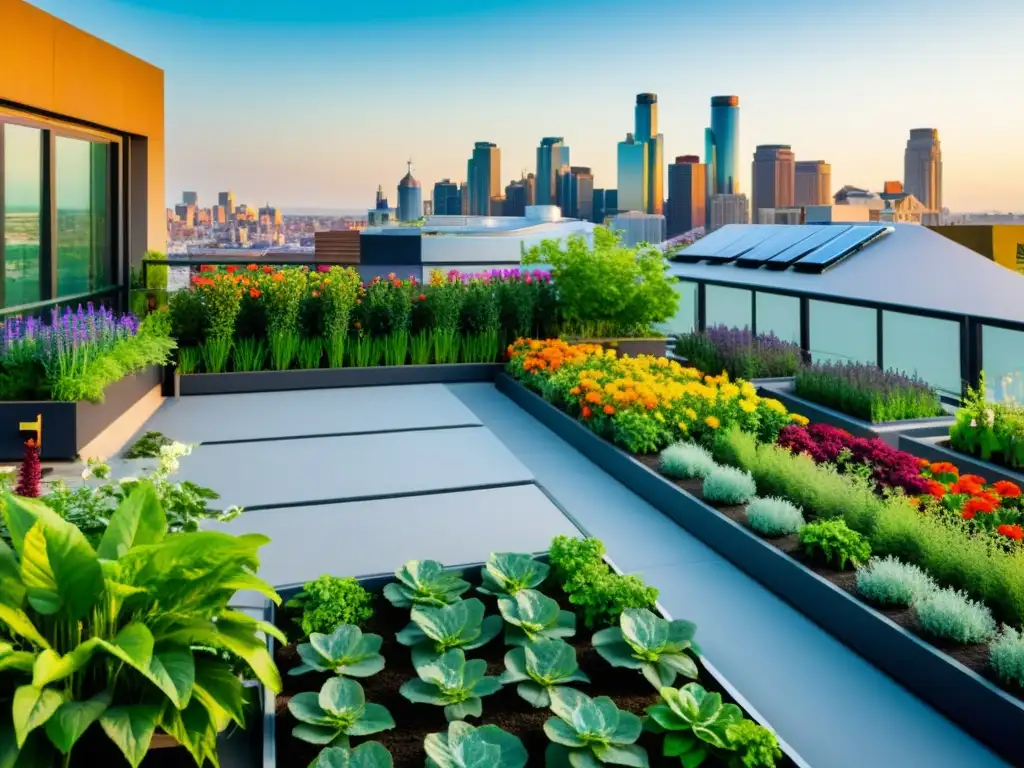 Un jardín urbano en la azotea lleno de plantas verdes y flores coloridas, con un sistema de riego automatizado