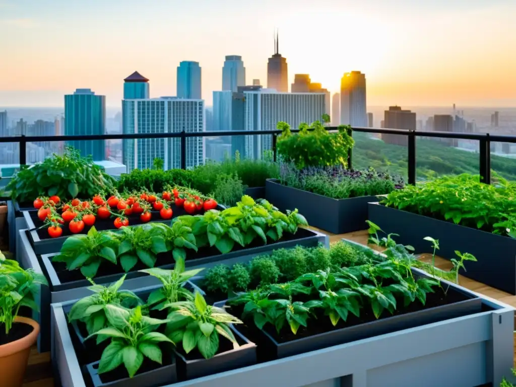 Un jardín urbano en la azotea con las mejores plantas huertos urbanos techos, lleno de vida y color, cuidado con amor