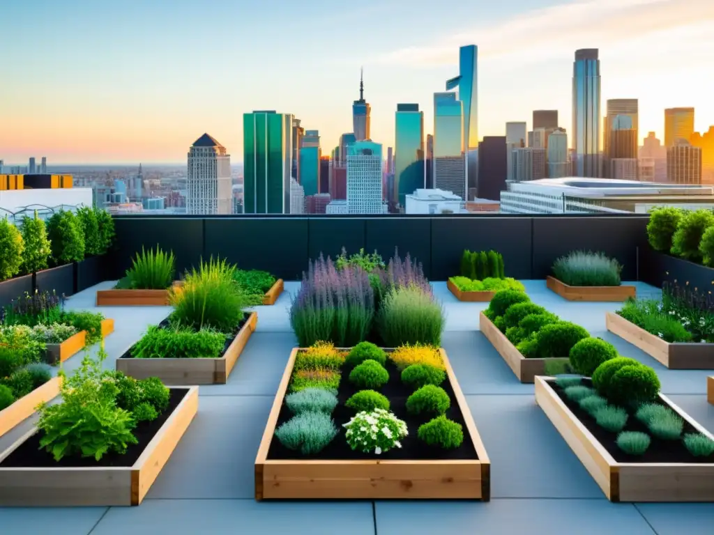 Un jardín urbano en la azotea, con plantas exuberantes en camas elevadas y un paisaje urbano moderno de fondo