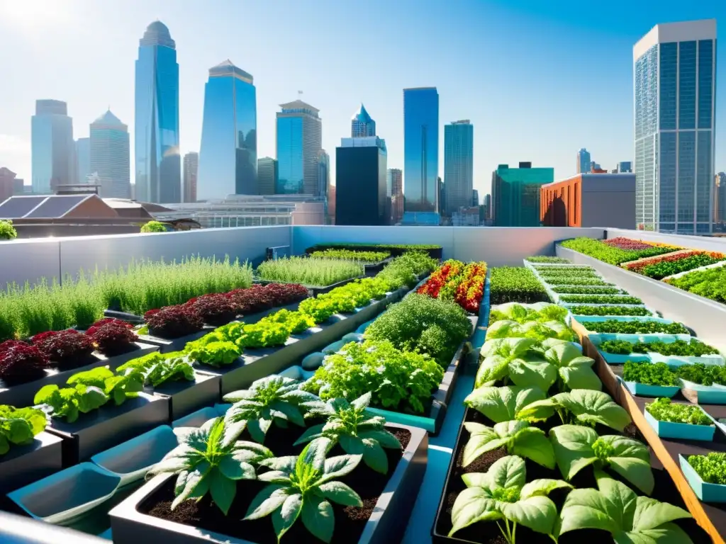 Jardín urbano en la azotea con plantas verdes en filas, fondo de la ciudad y luz del sol resaltando los colores vibrantes de los productos