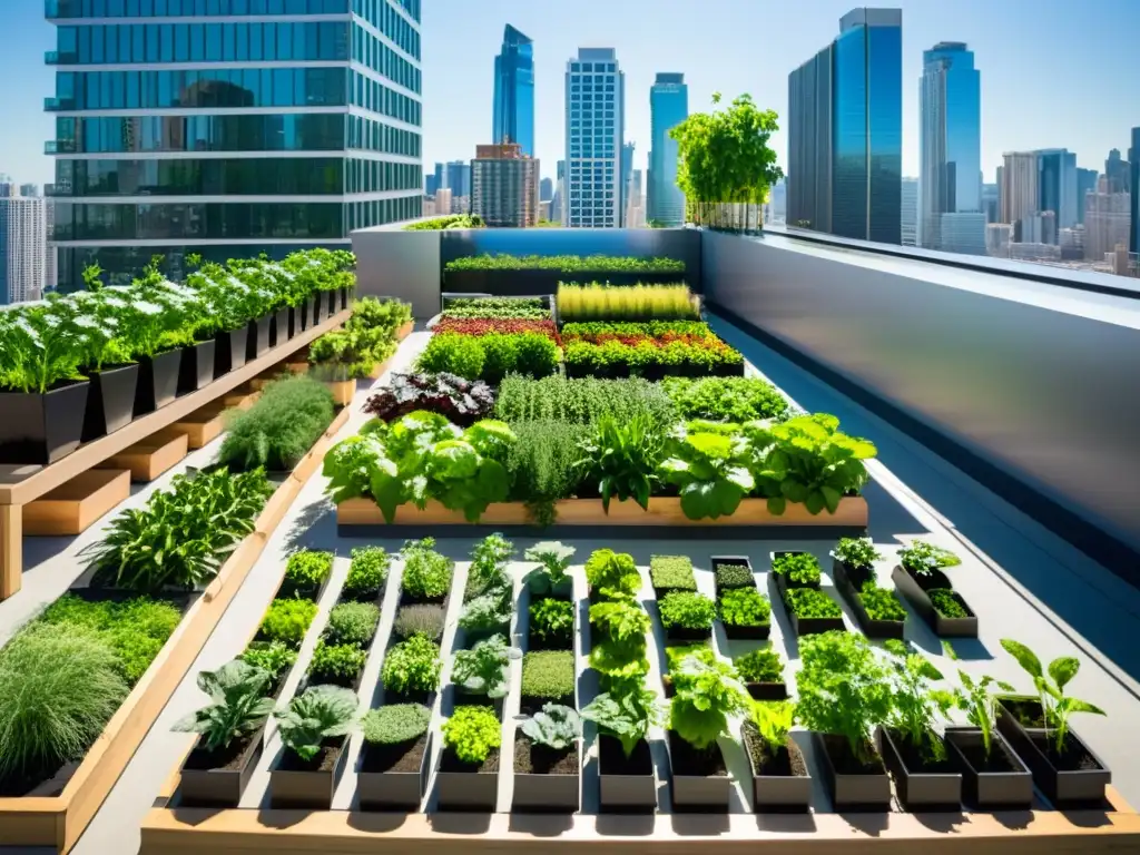 Un jardín urbano en azotea rebosante de vegetación y cultivos rodeado de rascacielos modernos