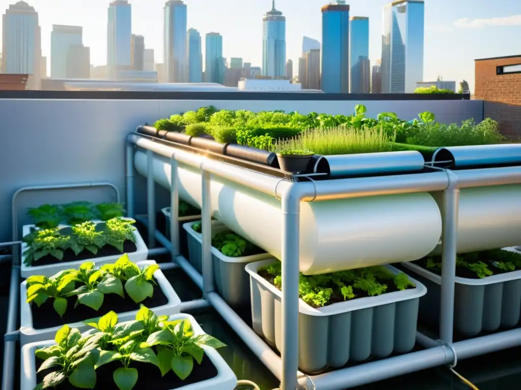 Un jardín urbano en la azotea repleto de plantas verdes en torres verticales, con un sistema acuapónico visible y la ciudad de fondo