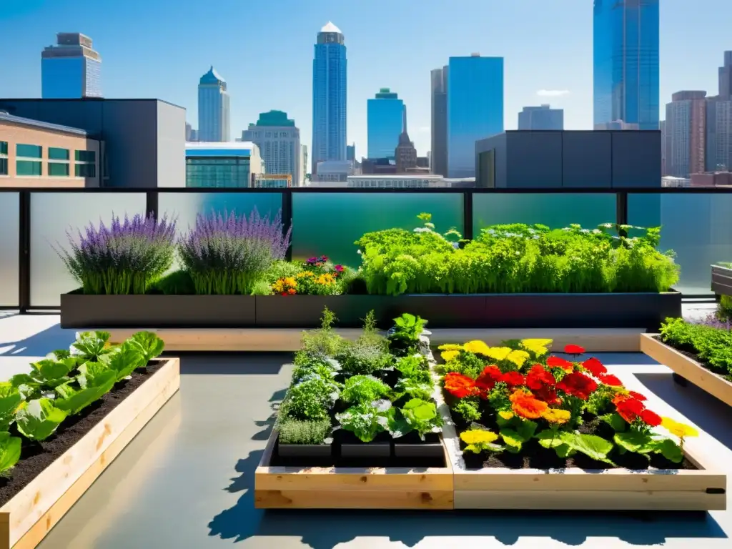 Jardín urbano en la azotea con sistema acuapónico, lleno de vegetación exuberante y flores coloridas, bajo la luz cálida de la ciudad