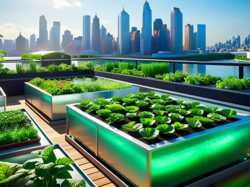 Jardín urbano en la azotea con sistema de acuaponía en la ciudad: tanques interconectados de peces y plantas, rodeados de exuberante vegetación, bajo la luz del sol y con el horizonte urbano de fondo