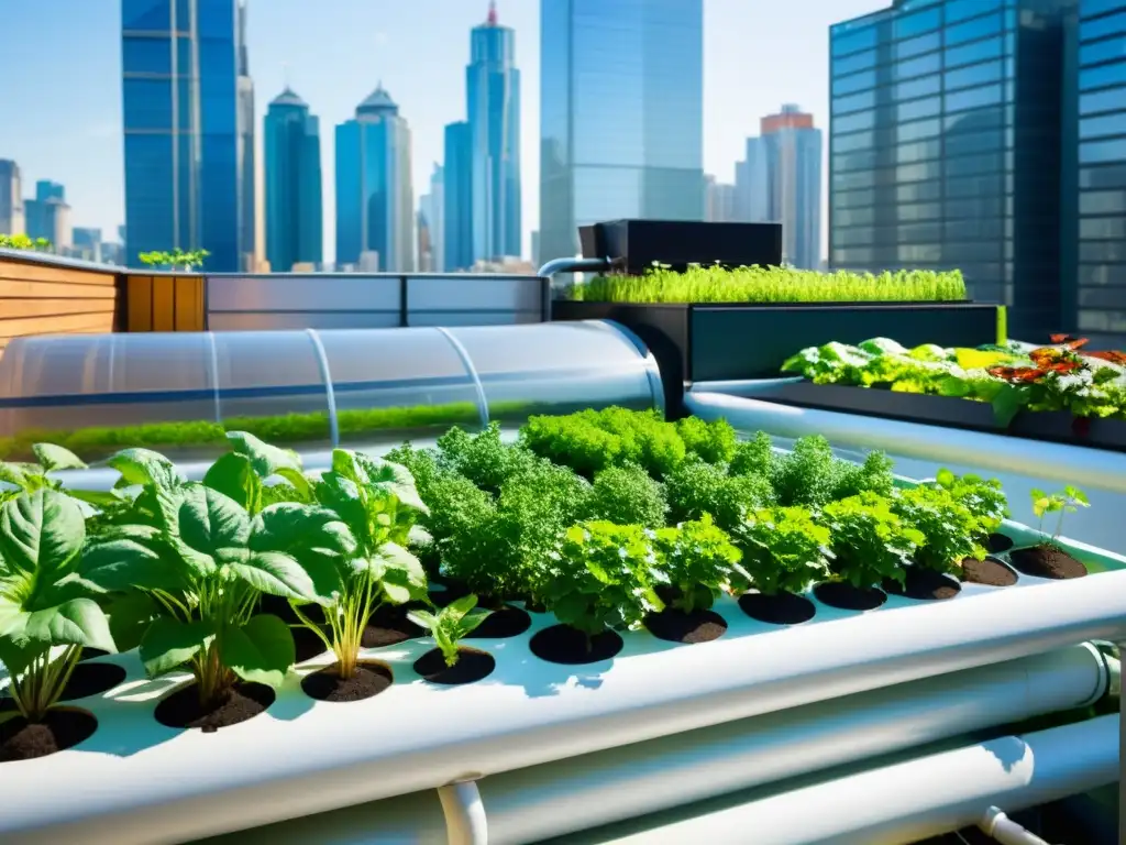 Jardín urbano en azotea con sistema de aquaponía, gestión sostenible del agua urbana, plantas exuberantes y peces saludables, rodeado de rascacielos