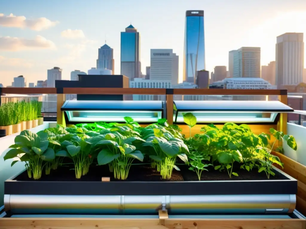 Jardín urbano en azotea: naturaleza y tecnología en armonía Jardín urbano en azotea con sistemas acuapónicos modernos y vibrante vegetación