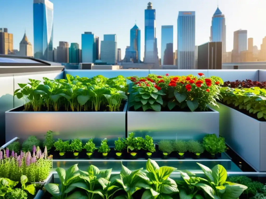 Un jardín urbano en la azotea con sistemas verticales de cultivo acuapónico