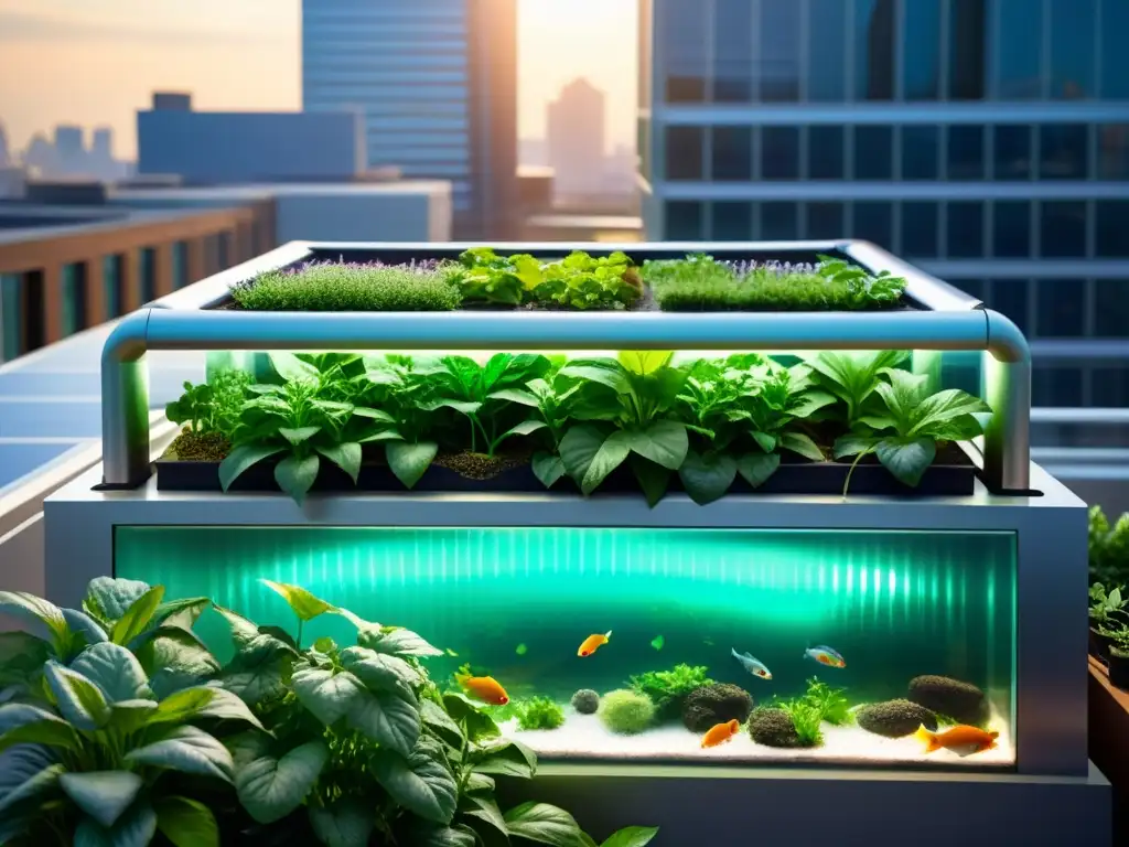 Un jardín urbano en la azotea con un sofisticado sistema de acuaponía, tanques e tubos interconectados, plantas verdes y peces