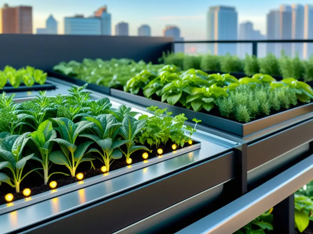 Un jardín urbano en la azotea con tecnología de automatización, cultivo de vegetales y hierbas