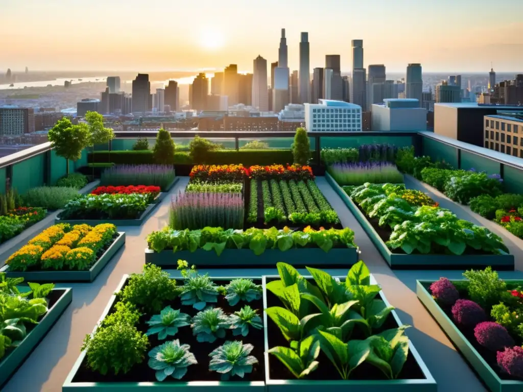 Jardín urbano en la azotea con vegetales y frutas vibrantes, integrando la ciudad