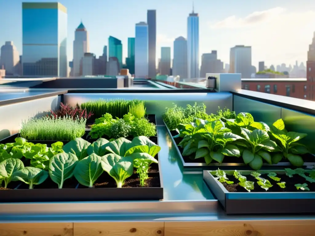 Un jardín urbano en la azotea con vegetales verdes y un sistema acuapónico