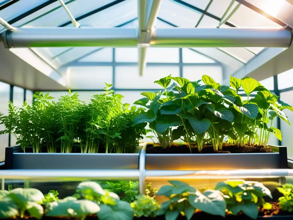 Jardín urbano en la azotea con acuaponía, vegetales vibrantes y peces en la ciudad