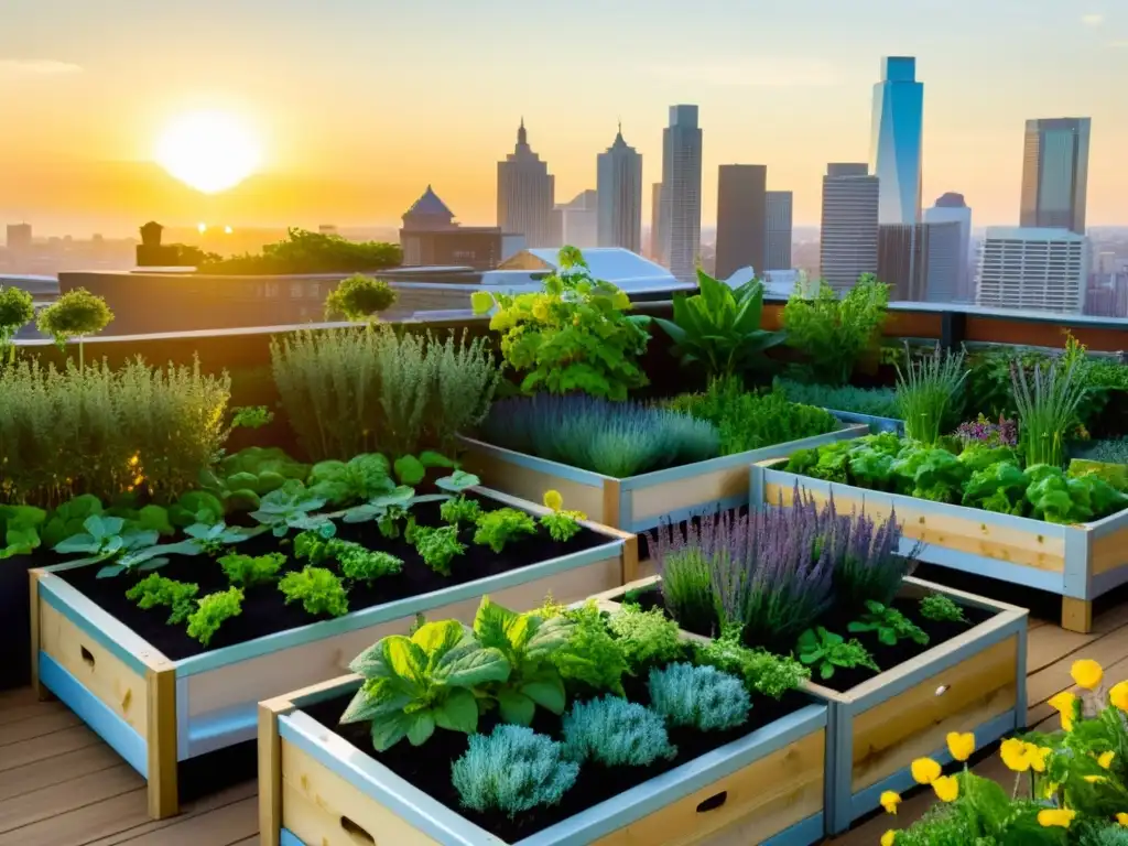 Un jardín urbano en la azotea con verduras y hierbas vibrantes en camas elevadas