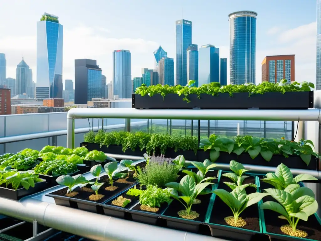 Jardín urbano en la azotea con acuaponía vertical para agricultura urbana, vegetales y hierbas, con el horizonte de la ciudad al fondo