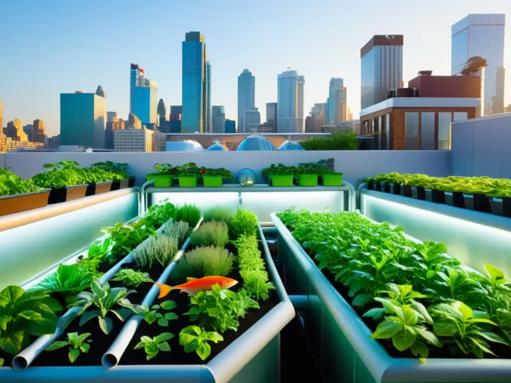 Jardín urbano de aquaponía: oasis sostenible en la ciudad Un jardín urbano bullicioso con acuaponía en la agricultura urbana moderna, lleno de plantas exuberantes y peces coloridos en tanques conectados