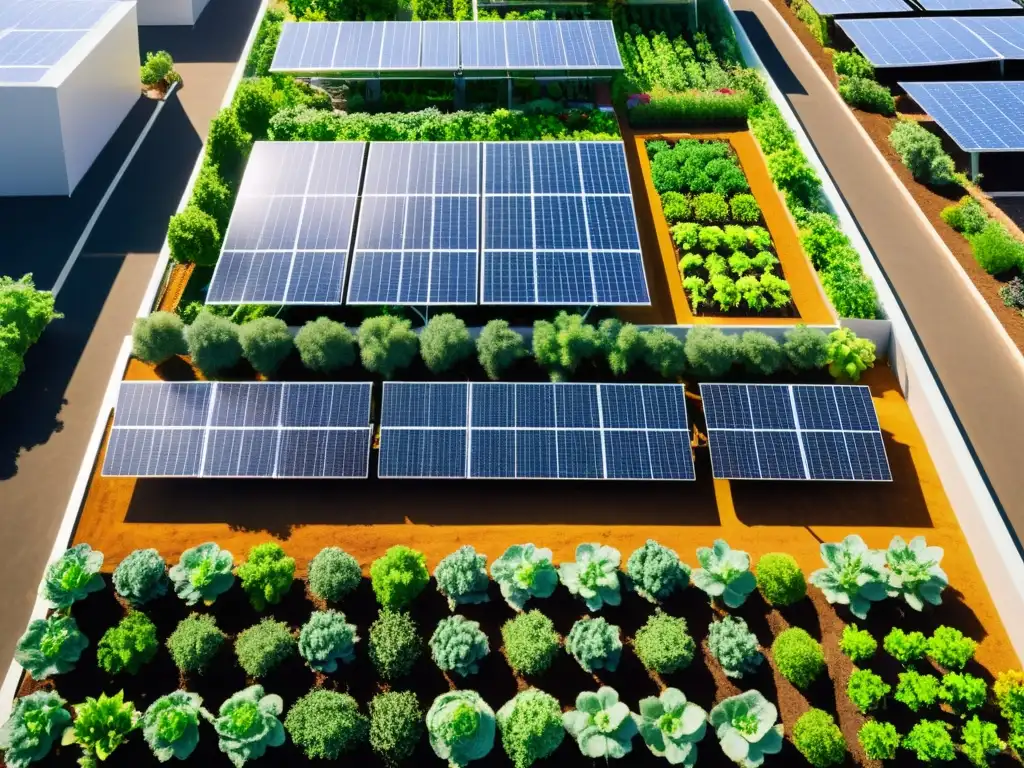 Un jardín urbano bullicioso bañado por el cálido sol, donde crecen frutas, verduras y hierbas