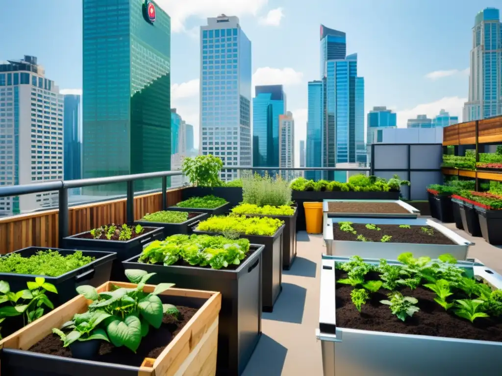 Jardín urbano bullicioso con compostaje y permacultura, rodeado de rascacielos modernos y personas cuidando las plantas con esmero