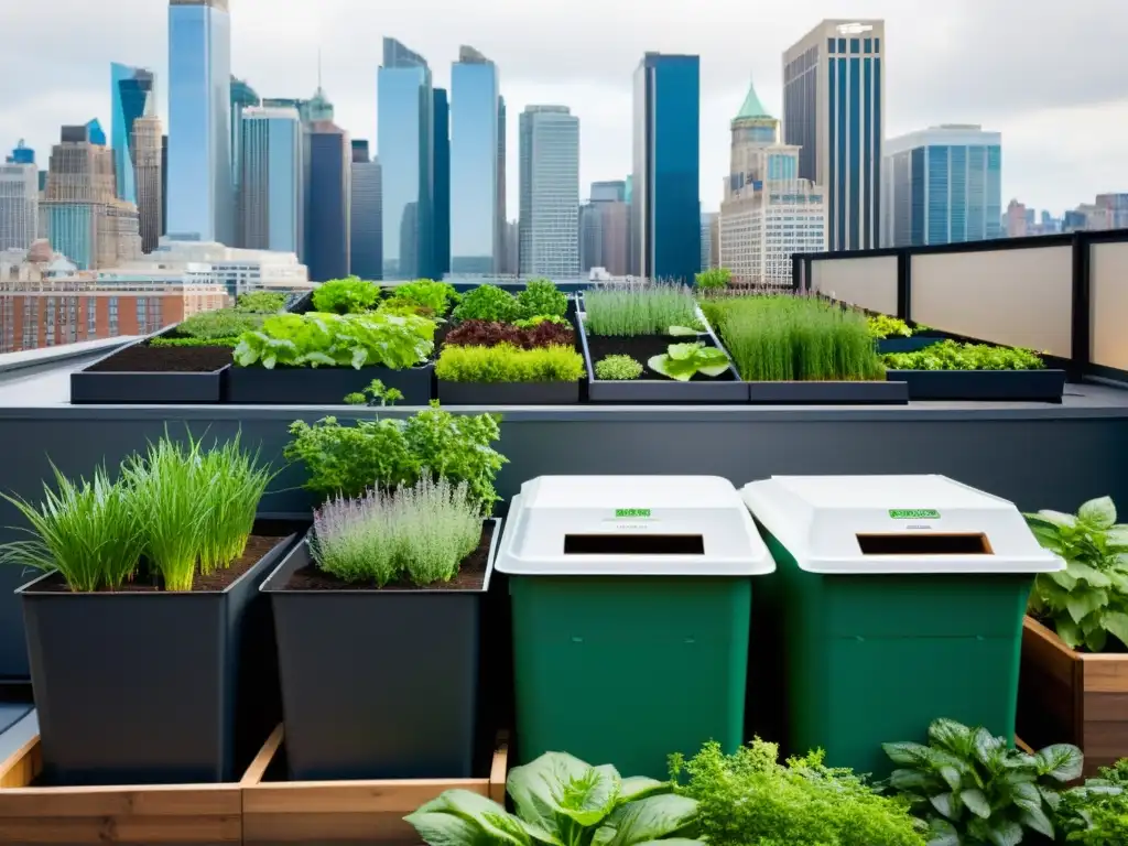 Jardín urbano bullicioso con compostaje urbano para huertos verticales, plantas exuberantes y modernidad ecoamigable en la ciudad