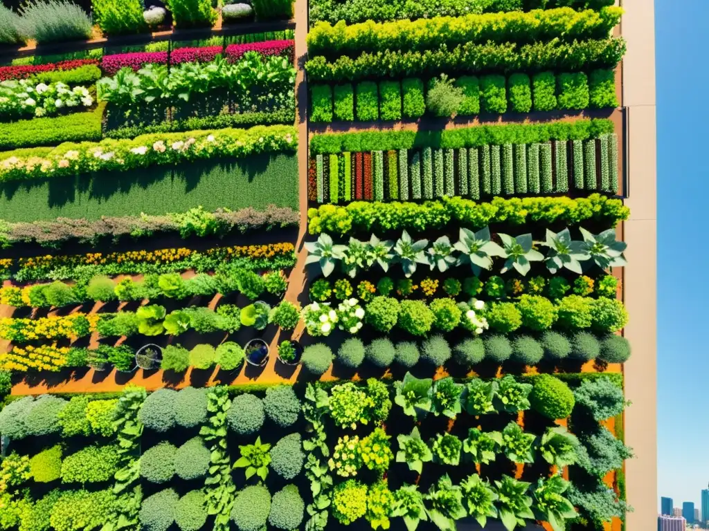 Un jardín urbano bullicioso con cultivos coloridos en patrones geométricos