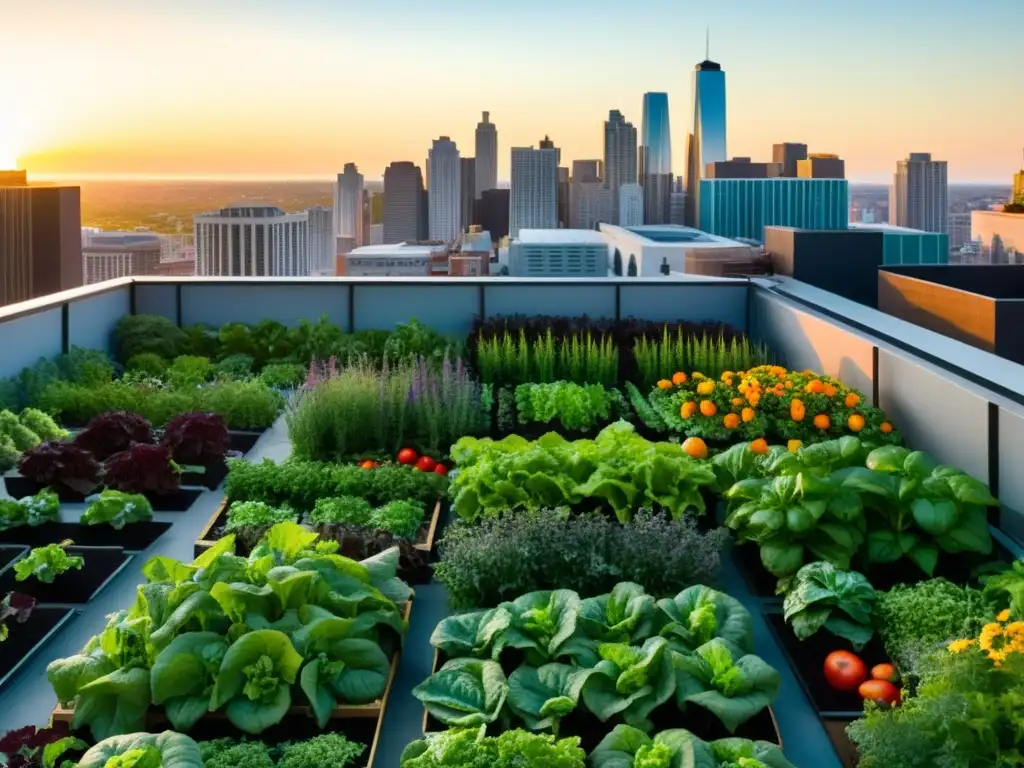 Un jardín urbano bullicioso con cultivos diversos en un entorno moderno de rascacielos al atardecer