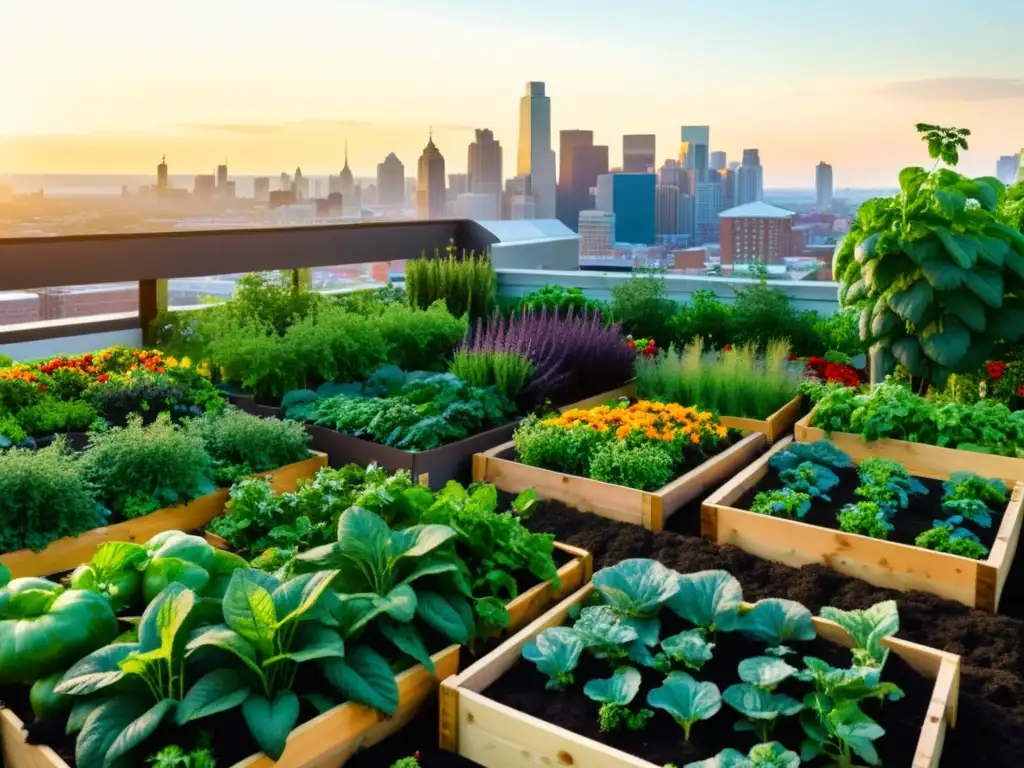 Un jardín urbano bullicioso con cultivos saludables y vibrantes en camas elevadas