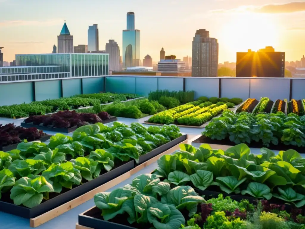 Un jardín urbano bullicioso con cultivos variados en medio de modernos edificios