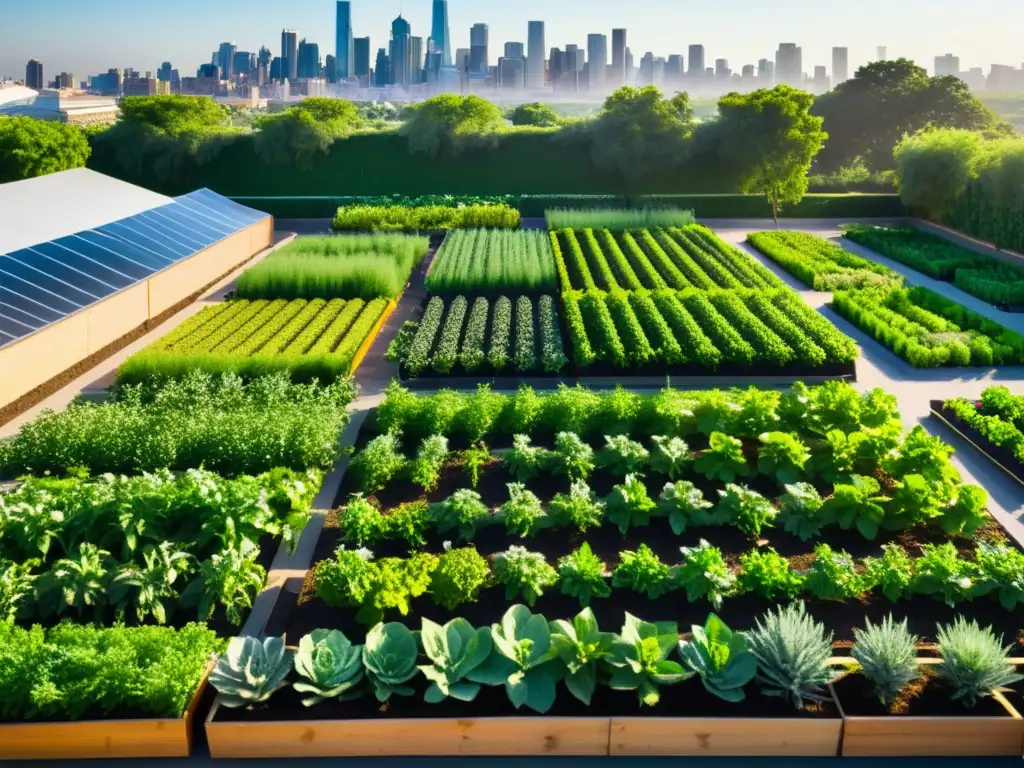 Un jardín urbano bullicioso con cultivos verdes en camas elevadas