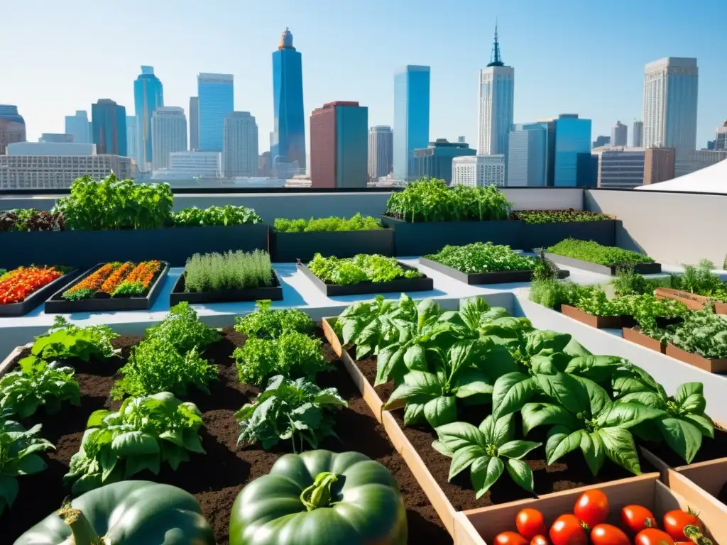 Un jardín urbano bullicioso con cultivos vibrantes y gente participando en eventos de agricultura urbana, con vistas a la ciudad