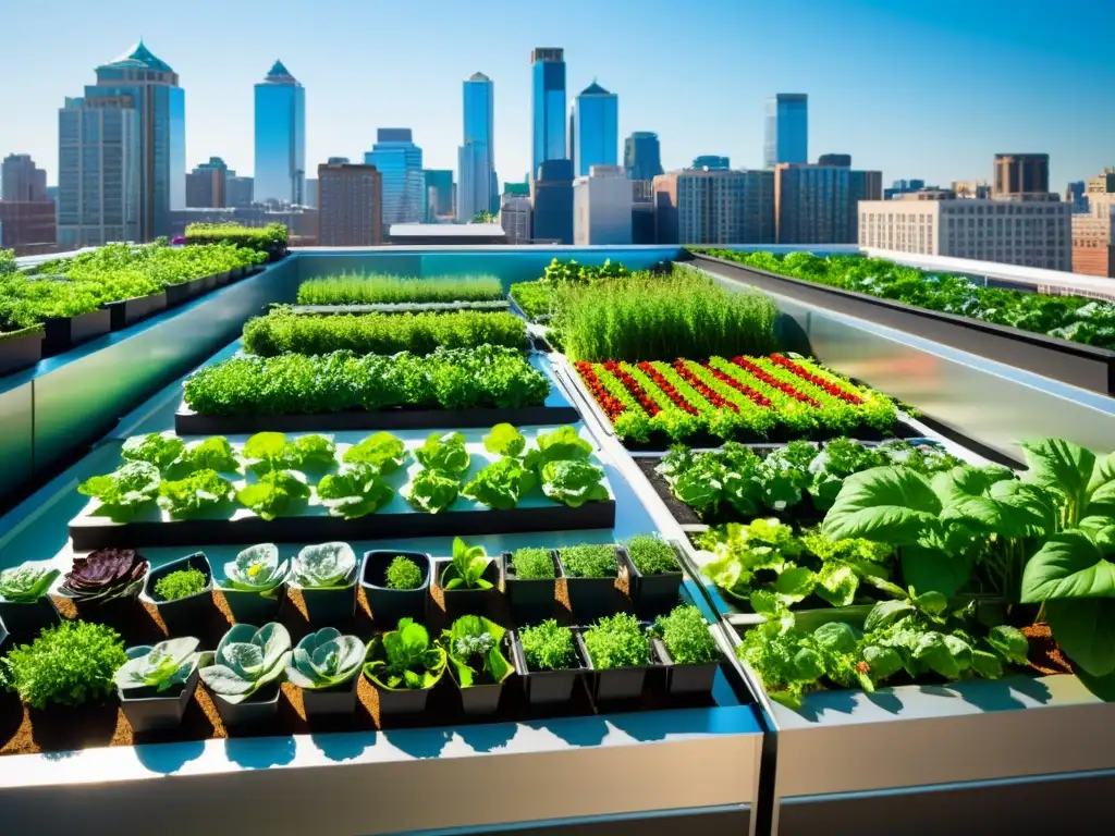 Un jardín urbano bullicioso y exuberante con acuaponía en huertos urbanos, diseño moderno y naturaleza vibrante