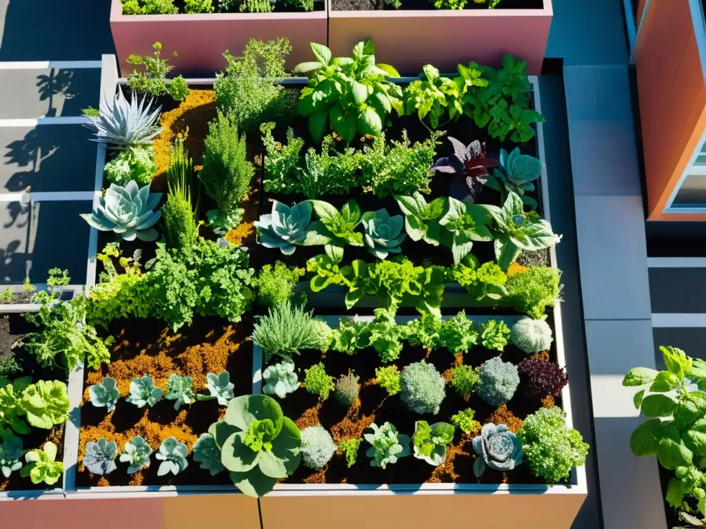 Un jardín urbano bullicioso muestra una exuberante producción de alimentos locales urbanos entre modernos edificios, bañado por la luz del sol y la armonía natural de abejas y mariposas