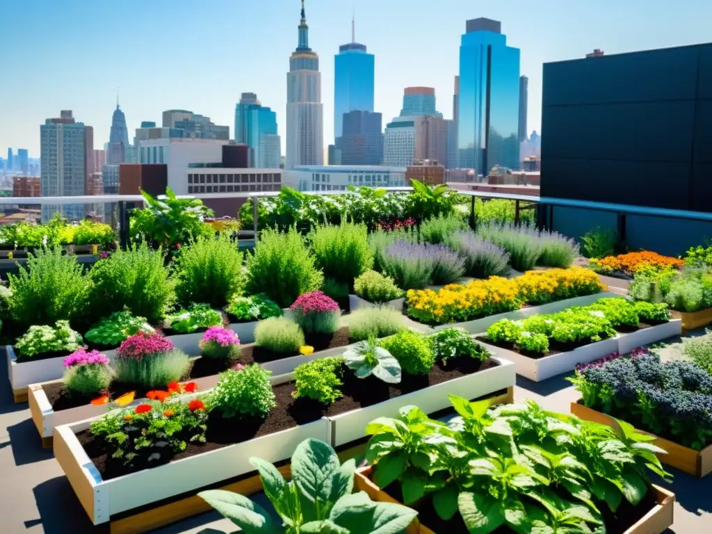 Jardín urbano bullicioso con frutas, verduras y flores vibrantes, y horizonte diverso al fondo