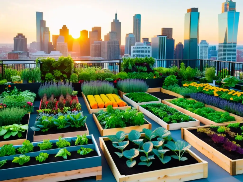 Un jardín urbano bullicioso con huertos de verduras y hierbas coloridas, rodeado de altos edificios y la ciudad al atardecer