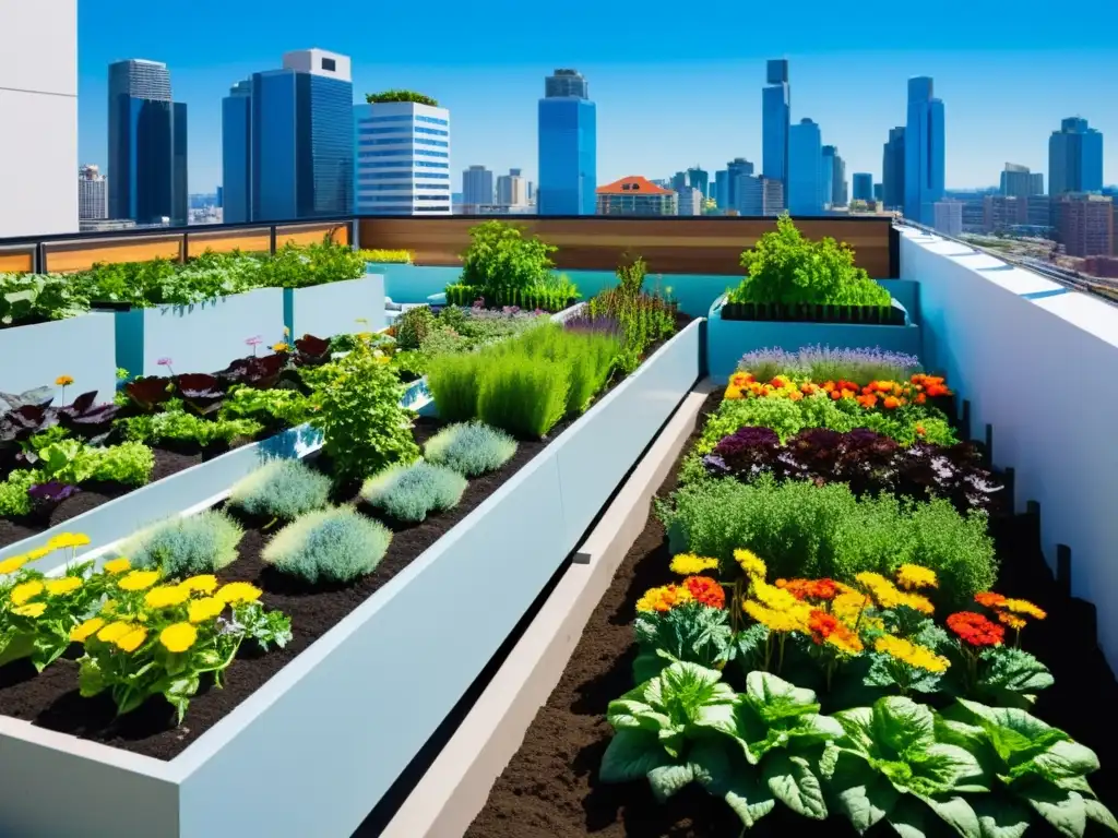 Un jardín urbano bullicioso con huertos verticales, verduras coloridas y un cielo azul