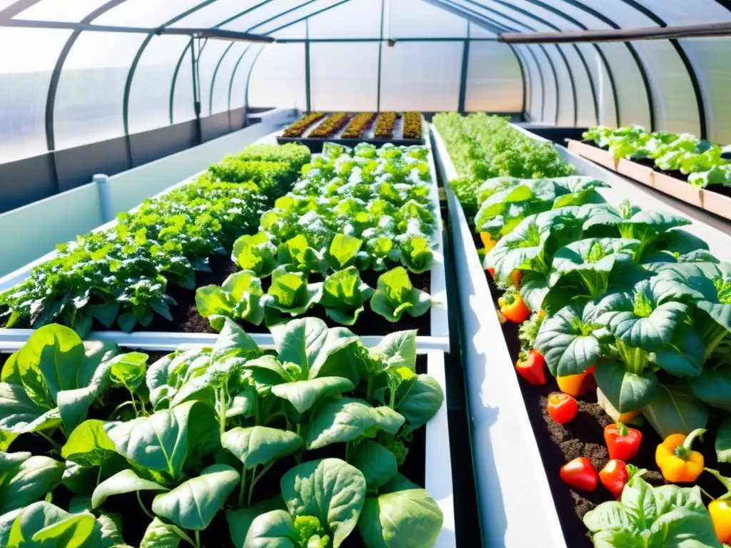 Un jardín urbano bullicioso con plantas complementarias para acuaponía urbana, colores vibrantes y una atmósfera de sostenibilidad