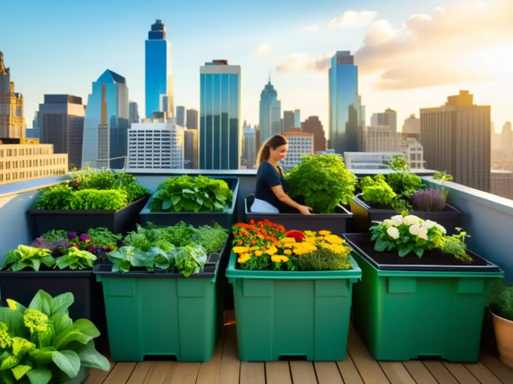 Un jardín urbano bullicioso con plantas exuberantes, flores vibrantes y vegetales prósperos