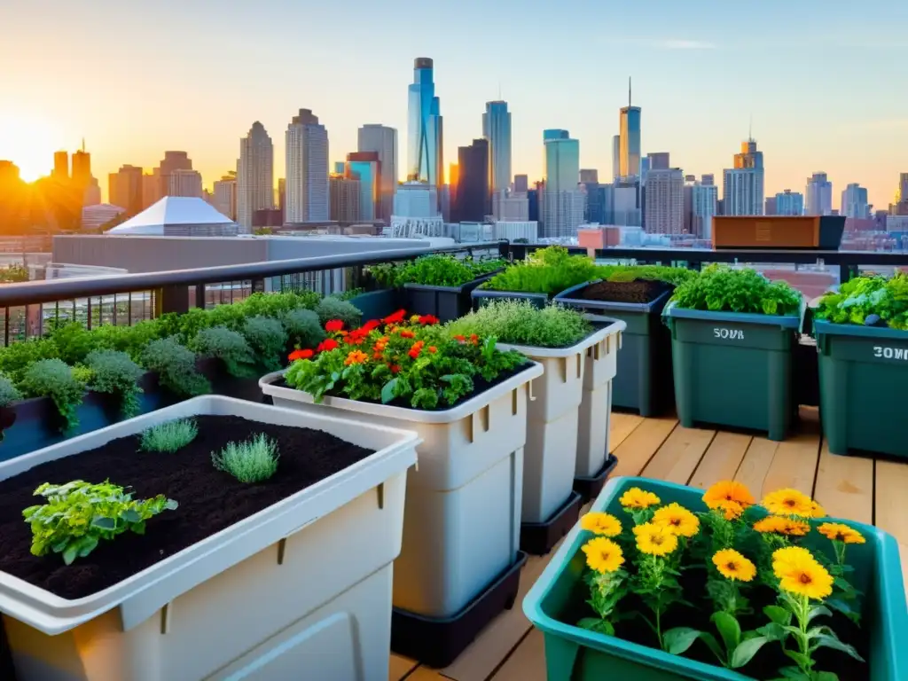 Un jardín urbano bullicioso con plantas exuberantes y flores coloridas, rodeado de equipos de compostaje innovadores