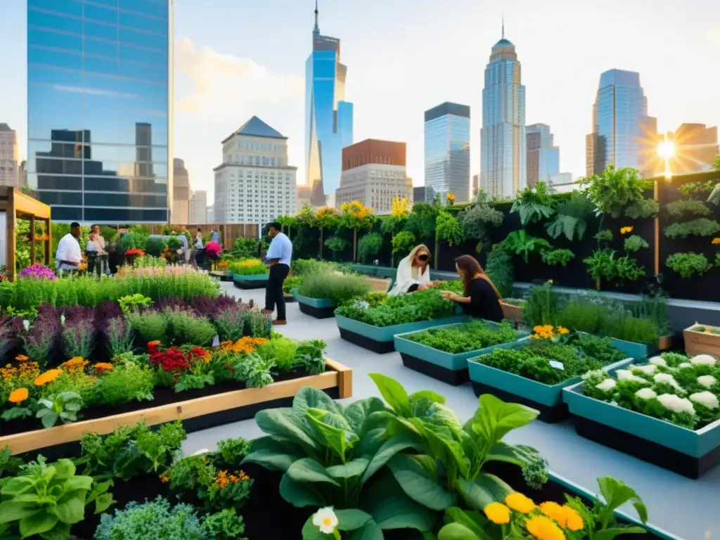 Un jardín urbano bullicioso con plantas exuberantes, flores vibrantes y gente diversa cuidando las plantas y hablando amigablemente