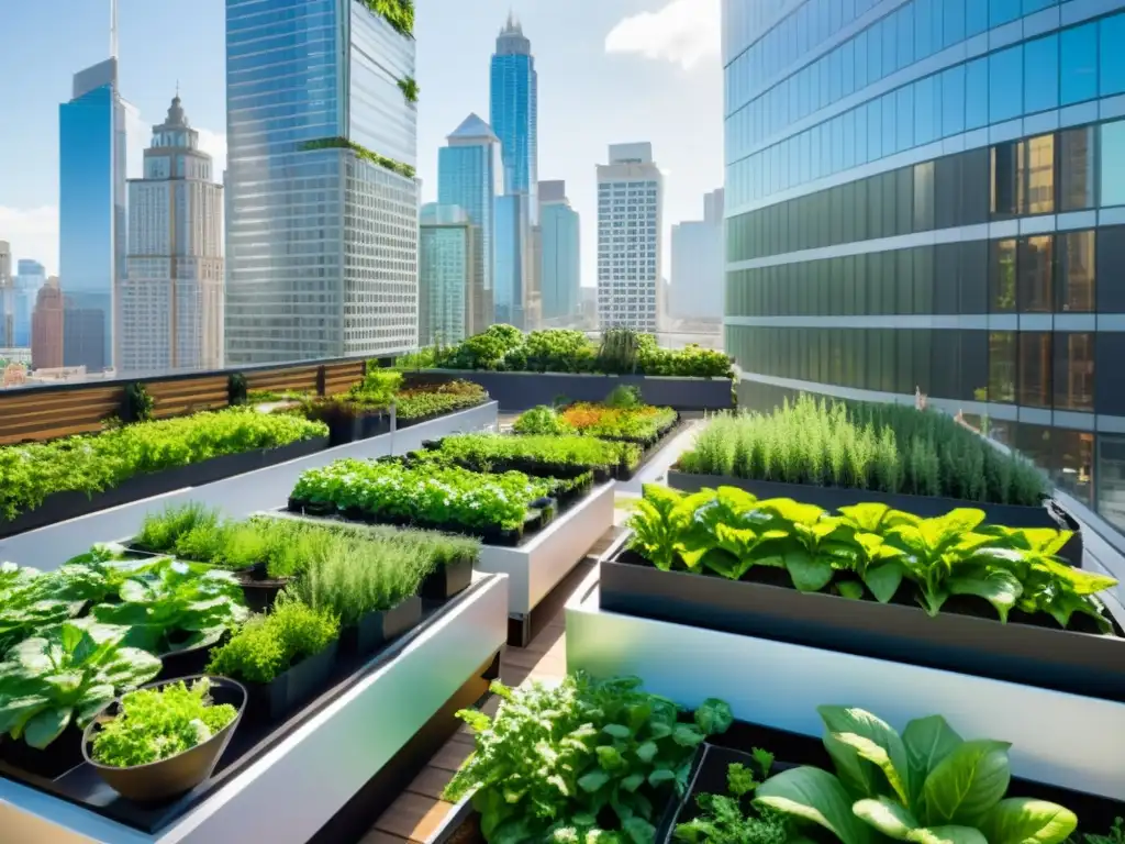 Un jardín urbano bullicioso con plantas vibrantes rodeado de rascacielos modernos