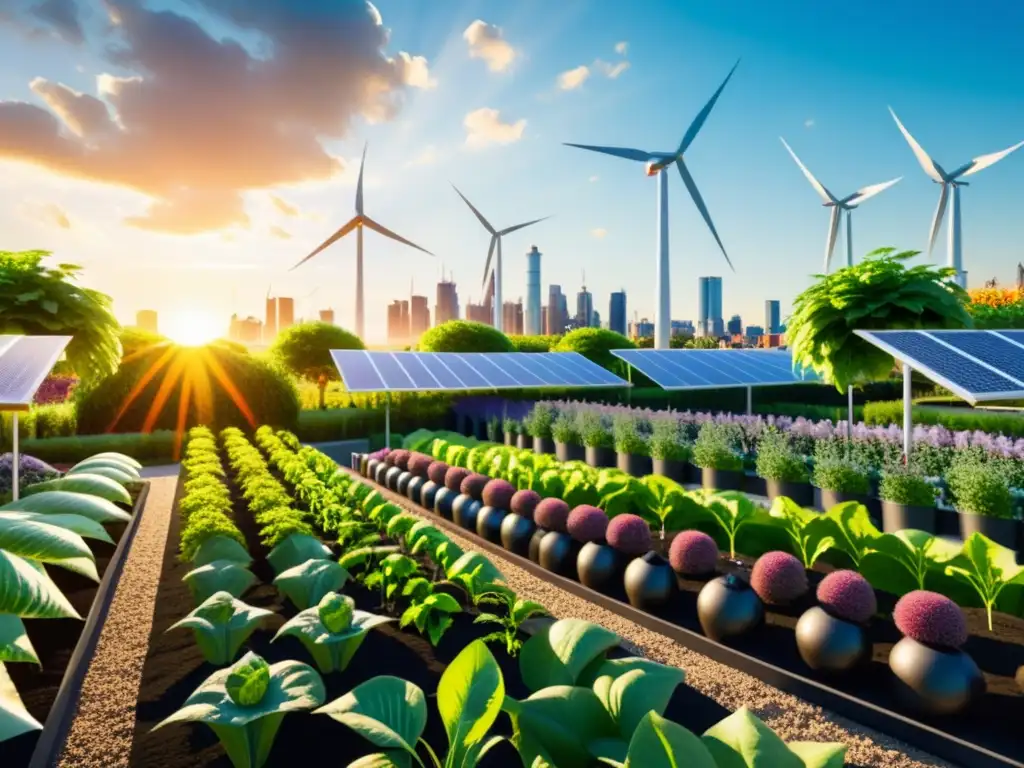 Un jardín urbano bullicioso con plantas vibrantes y energía cinética en huertos urbanos sostenibles