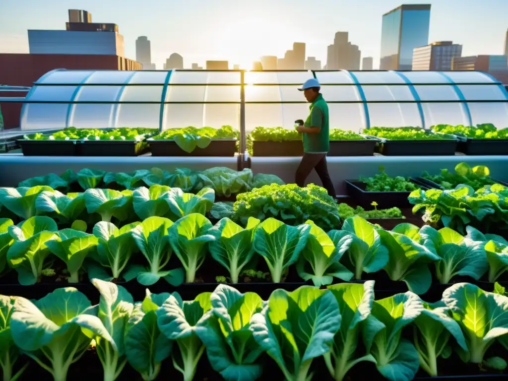 Un jardín urbano bullicioso con repollos de acuaponía