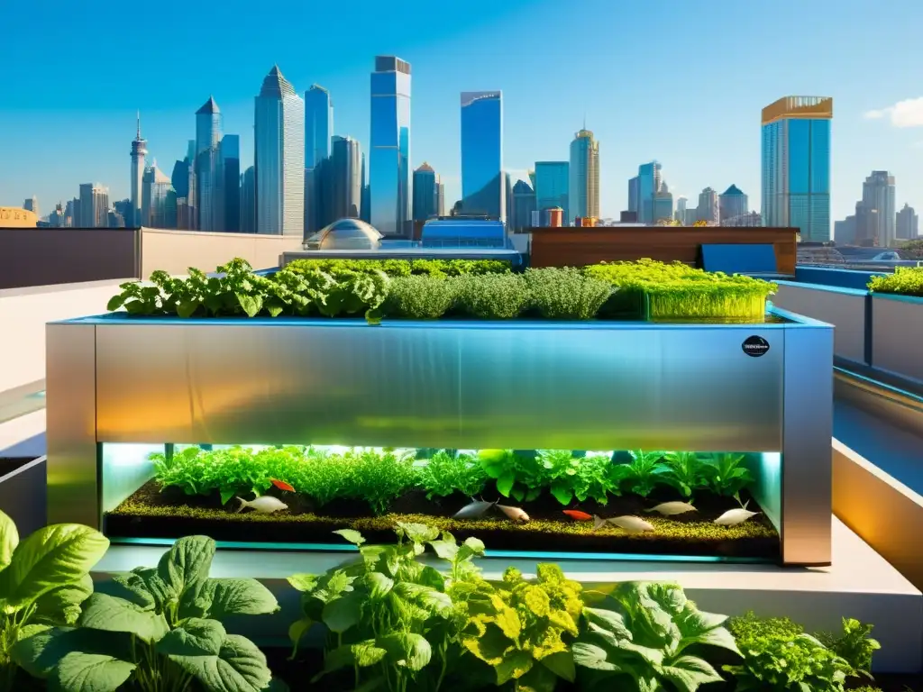 Un jardín urbano bullicioso con un sistema de acuaponía moderno, integrado entre vegetación exuberante