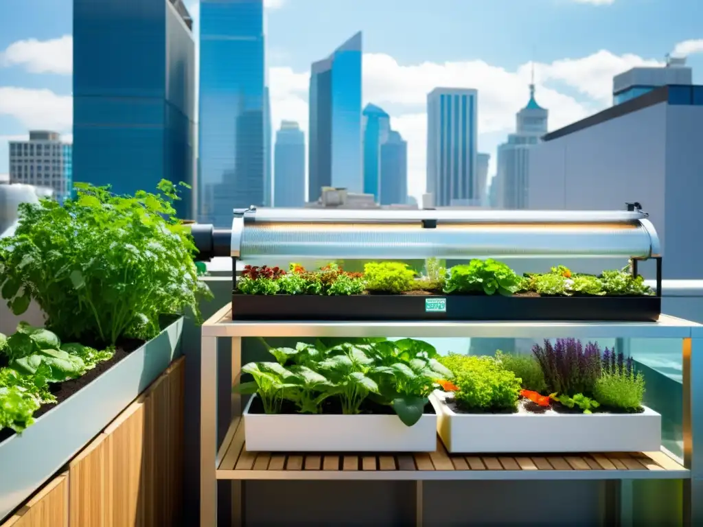 Un jardín urbano bullicioso con un sofisticado sistema de acuaponía, donde peces coloridos nadan entre vegetales y hierbas