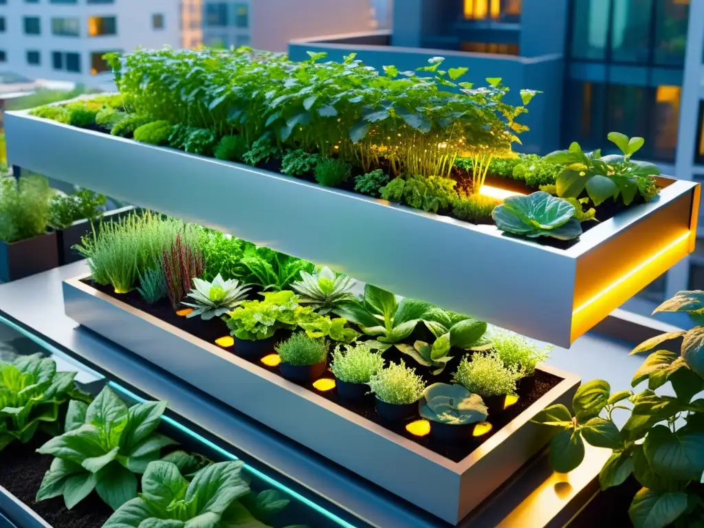 Un jardín urbano bullicioso con un sofisticado sistema de acuaponía, exuberante vegetación y elementos acuáticos