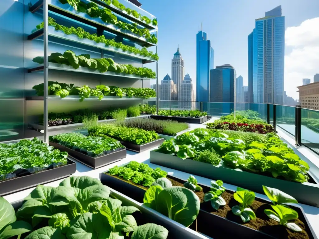 Un jardín urbano bullicioso con vegetación exuberante y acuaponía moderna, bañado por la cálida luz de la ciudad