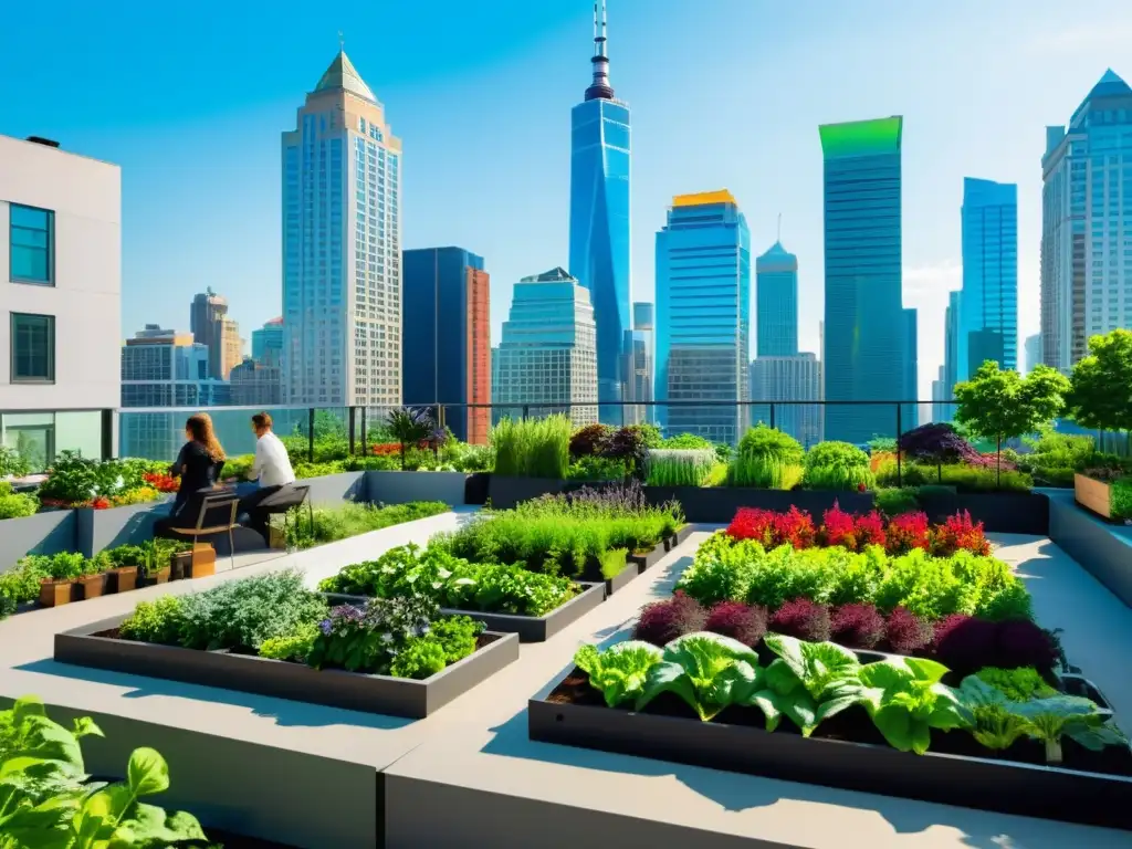 Un jardín urbano bullicioso con vegetales coloridos y modernos rascacielos de fondo