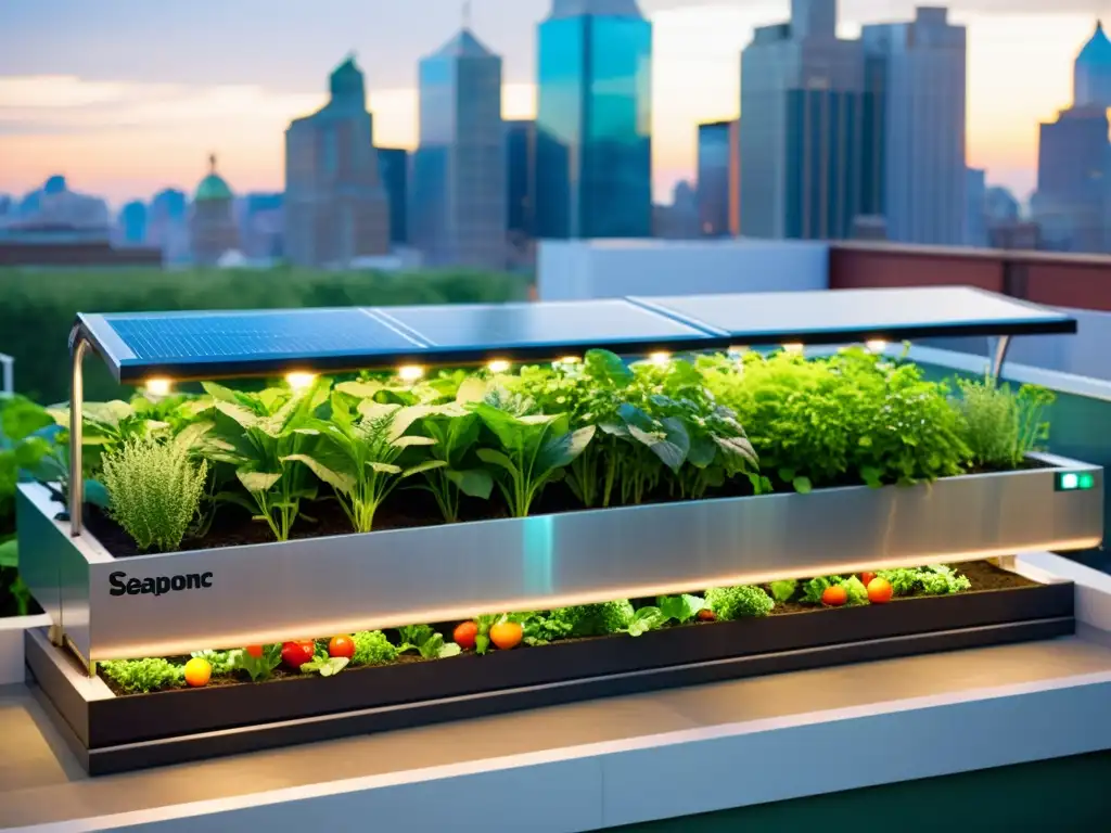 Un jardín urbano bullicioso con vegetales coloridos y un sistema acuapónico de vanguardia integrado