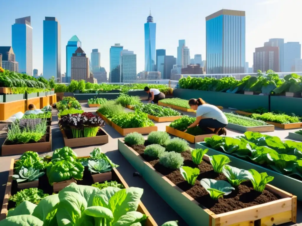 Un jardín urbano bullicioso con vegetales vibrantes y hierbas, cuidados por una comunidad diversa