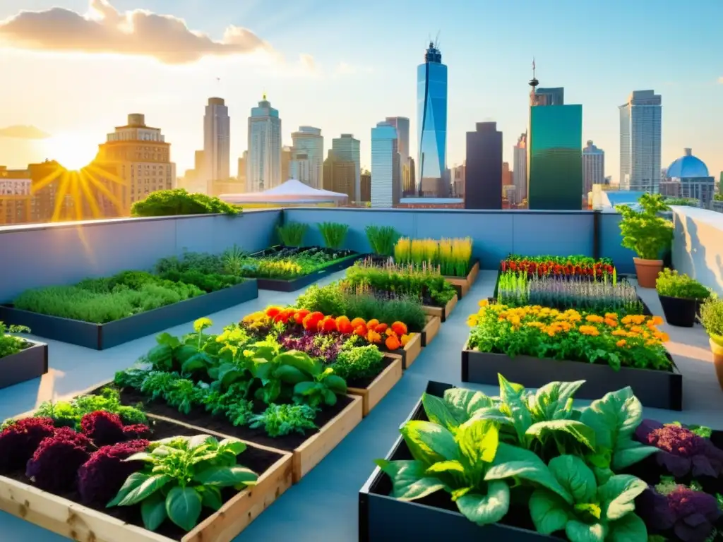 Un jardín urbano bullicioso con verdor vibrante y cultivos coloridos, integrando agricultura urbana en la vida moderna