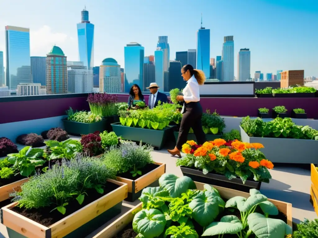 Un jardín urbano bullicioso con verduras y hierbas en macetas coloridas