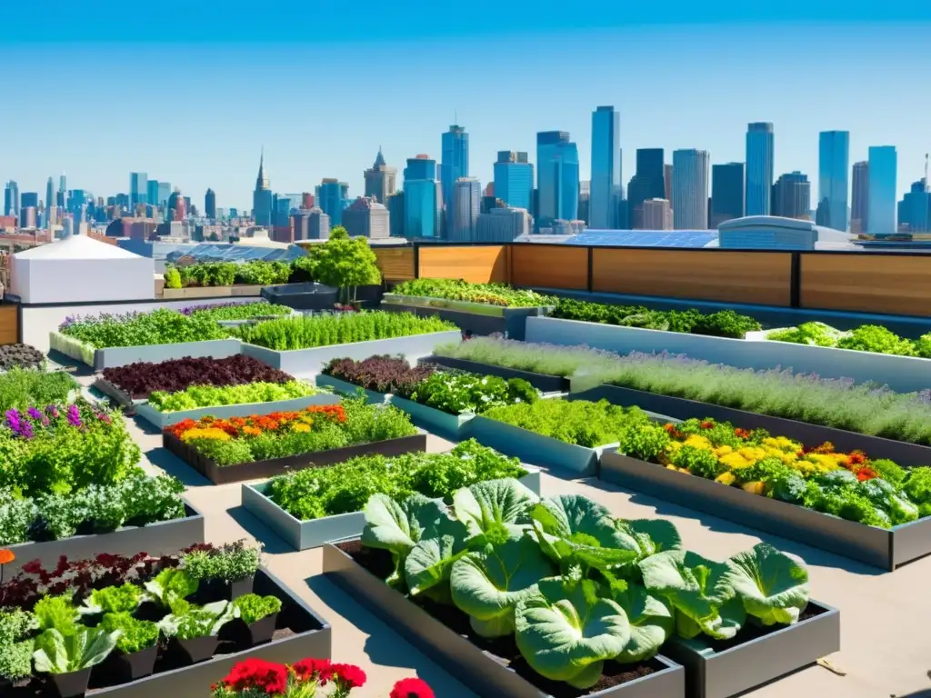 Un jardín urbano bullicioso con verduras vibrantes y flores coloridas, rodeado por el horizonte de la ciudad